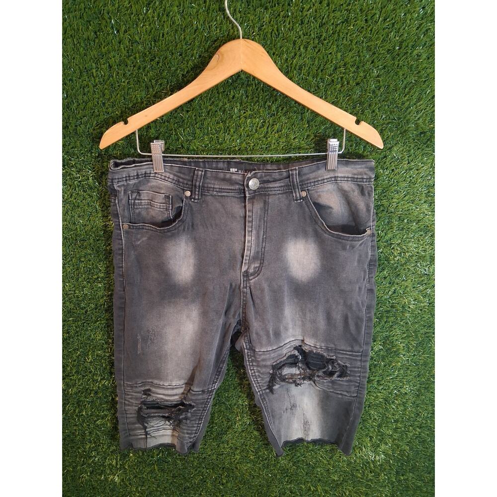 WAIMEA Men's Black Distressed Moto Denim Shorts Skinny Fit Size 34 Biker Punk